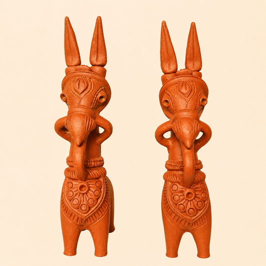 A pair of terracotta Bankura horse figurines resembling, shown side by side on a plain light beige background.