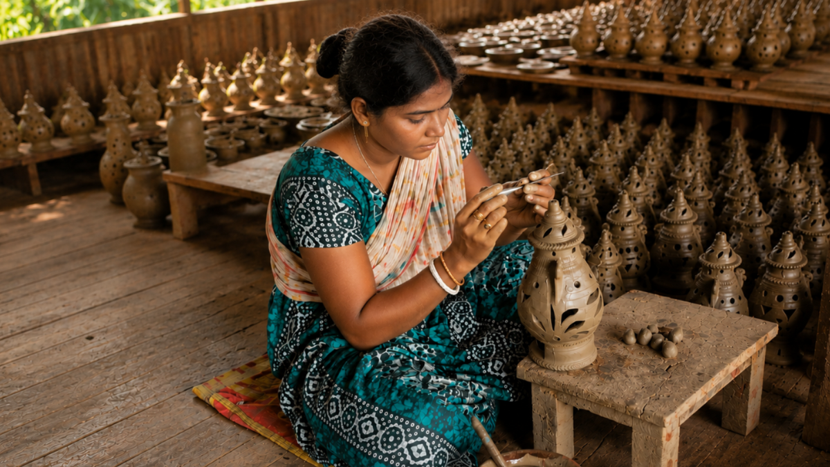 An artisan carving a clay lantern by hand in her workshop