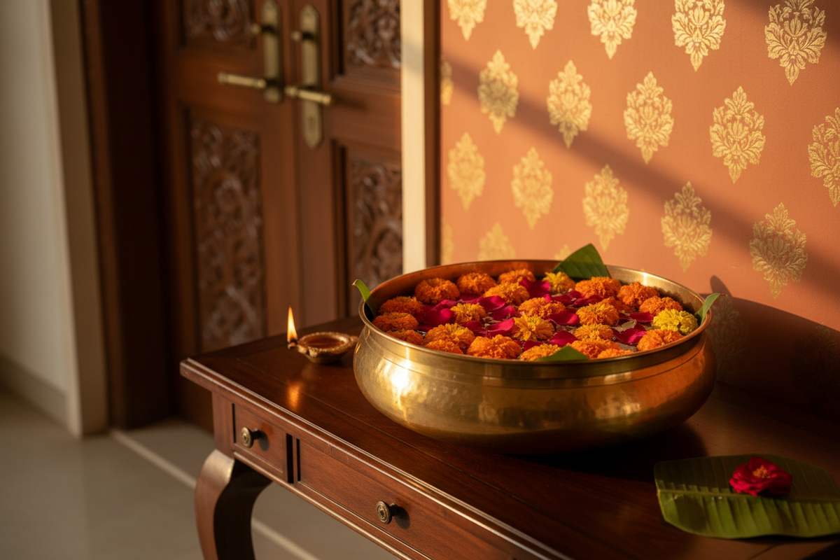 A handcrafted urli filled with fresh flowers, styled in a home