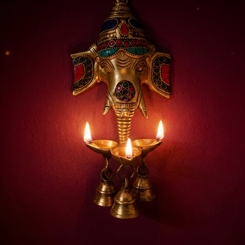 An ornate brass Ganesha hanging oil lamp with colorful stone work details and three hanging bells, and three lit diyas, mounted on a dark red wall.