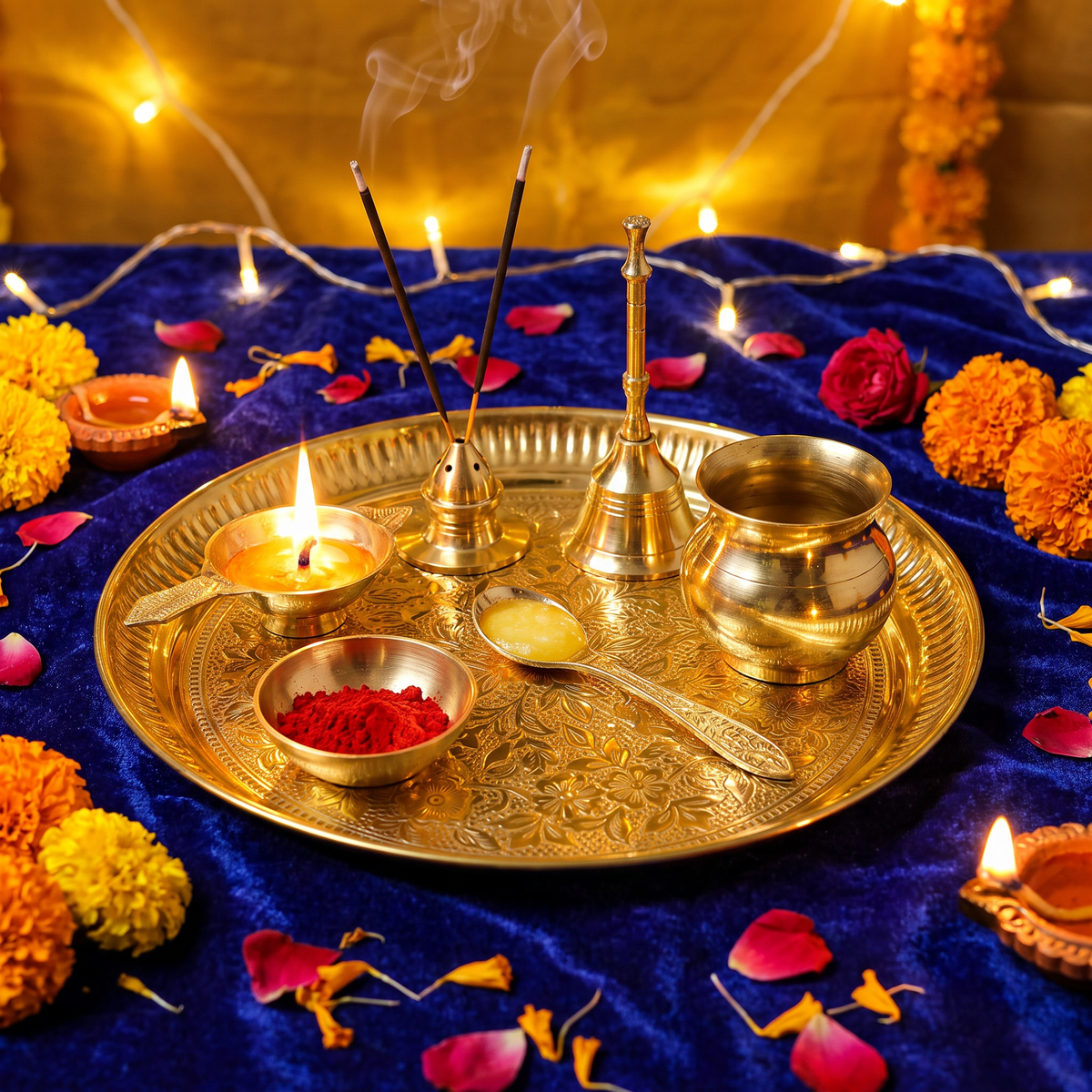 A decorative brass puja Thali set of 7, featuring a small brass kalash, bowl, diya, ritual spoon, incense holder and a bell on a Brass plate, photographed on a warm beige background.