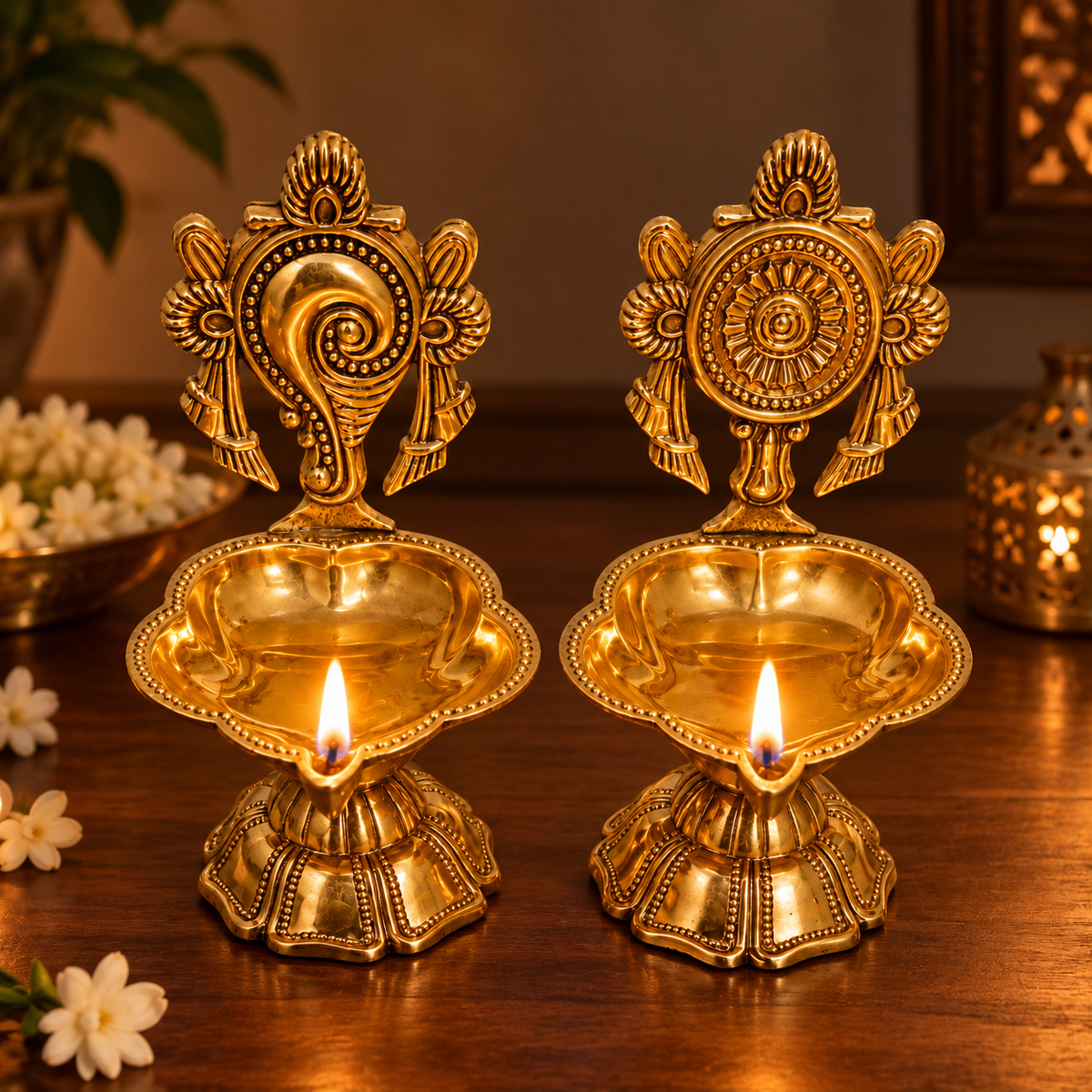 A pair of ornate brass oil lamps with decorative Shankh and Chakra finials and visible flames, placed on a wooden surface in a warm indoor setting.