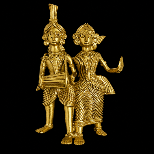 A pair of Dokra Musician figurines standing side by side against a solid black background