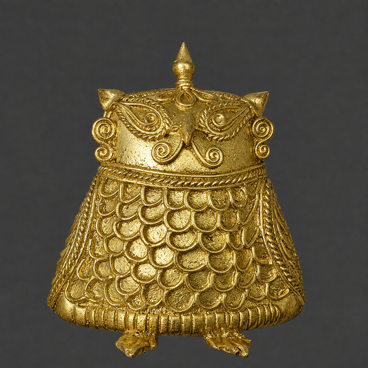 An ornate gold-toned Doka owl figurine, featuring detailed scrollwork, a pointed finial on top, and a scalloped lower body, photographed against a dark gray background.