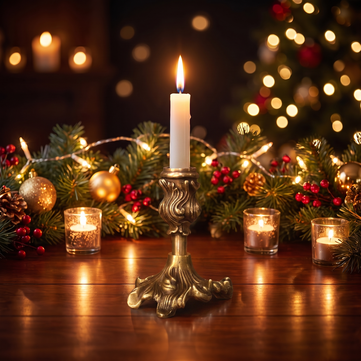 A lit white taper candle in an ornate gold-toned brass holder sits on a wooden table, surrounded by holiday greenery, red berries, pinecones, and small tea light candles with warm bokeh lights in the background.