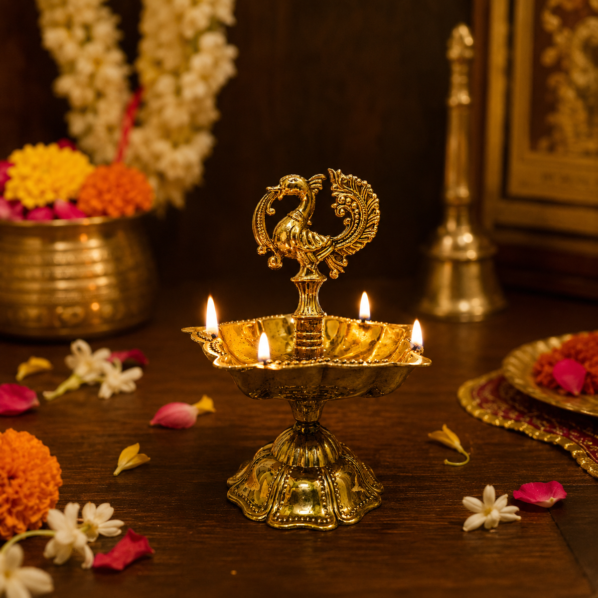 A brass oil lamp with a peacock-shaped finial and five lit flames, placed on a dark wooden surface with flowers and decorative objects in the background.
