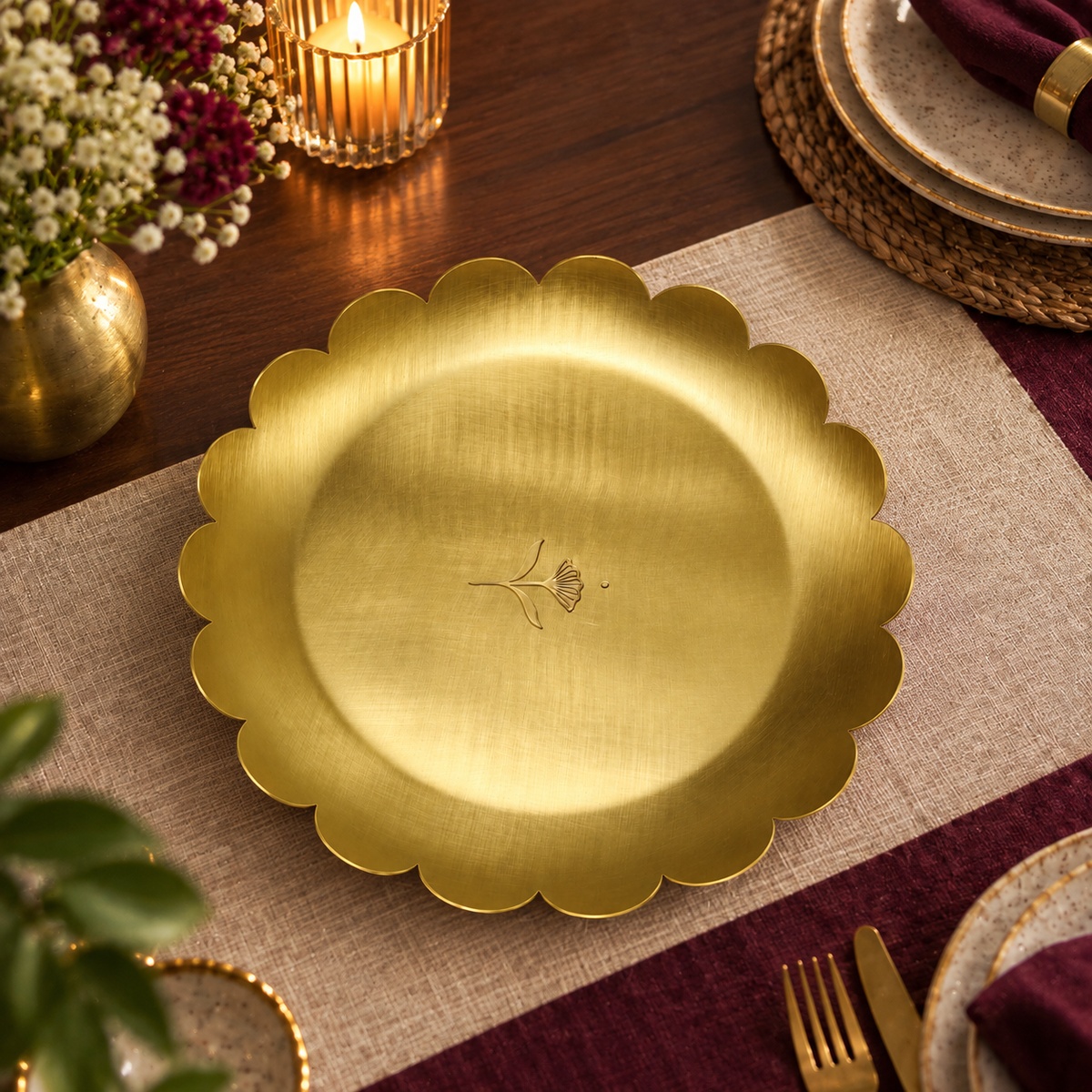 A Brass round gold scalloped-edge serving platter with a small floral engraving in the center, styled on a beige placemat on a dark wooden table with dining props.