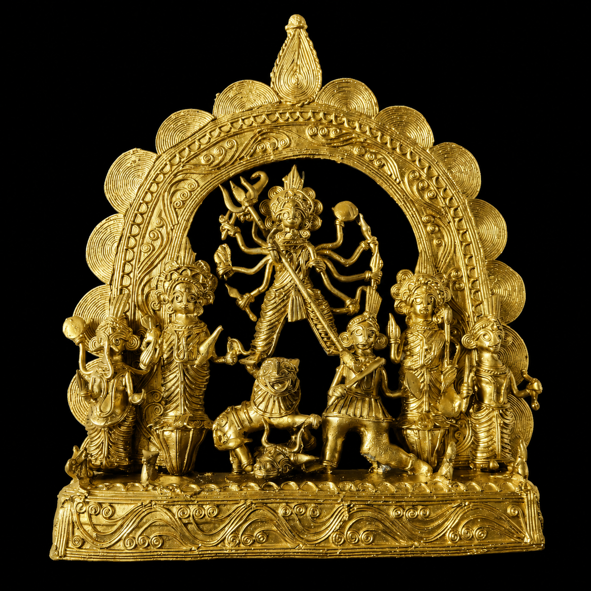 Dokra Durga idol with metallic finish against a black background