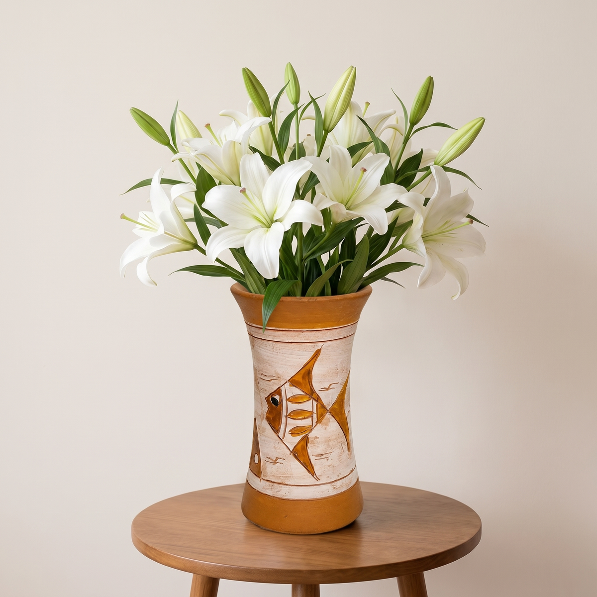 A handmade terracotta vase with hand-painted geometric and tribal-style motifs, filled with white lilies and green buds, placed on a round wooden stool against a plain beige wall.