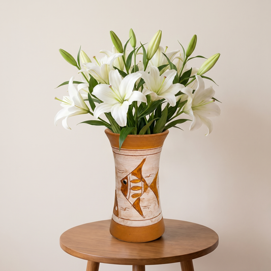 A handmade terracotta vase with hand-painted geometric and tribal-style motifs, filled with white lilies and green buds, placed on a round wooden stool against a plain beige wall.