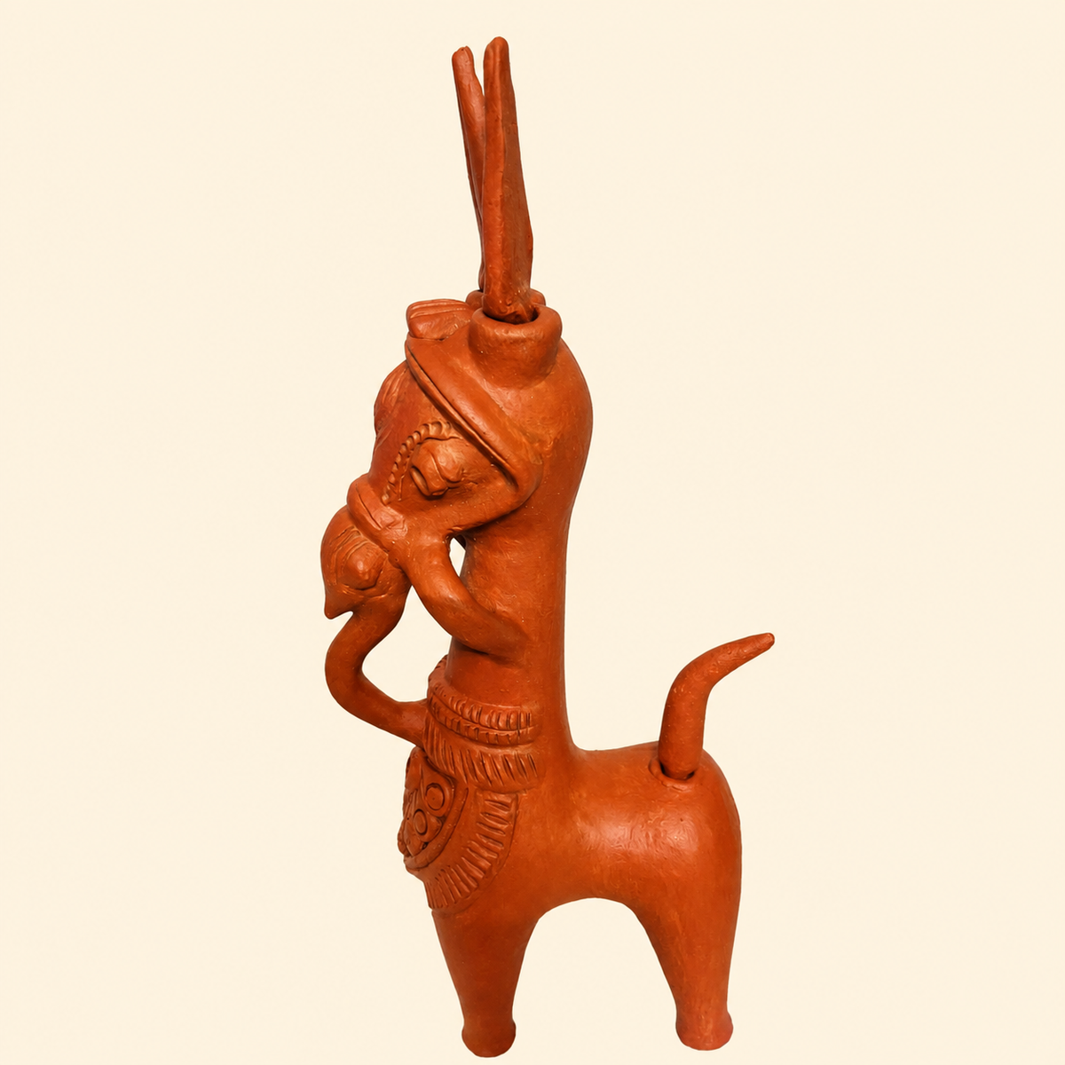 A terracotta horse figurine, shown against a solid cream background.