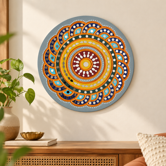 A round Lippan wall art piece featuring a colorful mandala pattern in shades of blue, yellow, orange, red, and white, mounted on a beige wall above a wooden console table with a potted plant and decorative bowl.