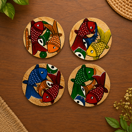 Four round wooden coasters featuring colorful hand-painted Patachitra fish designs, arranged in a 2x2 grid on a dark brown wooden tabletop with decorative plants and woven mats.