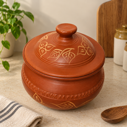A terracotta clay lidded cooking pot with hand-painted gold floral and geometric patterns, set on a light beige countertop with a striped cloth, wooden spoon, and a potted plant in the background.