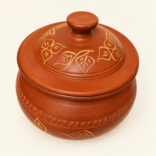A round terracotta clay lidded cooking pot with hand-painted gold floral motifs on the lid and a decorative beaded rim on the body, shown against a plain off-white background.