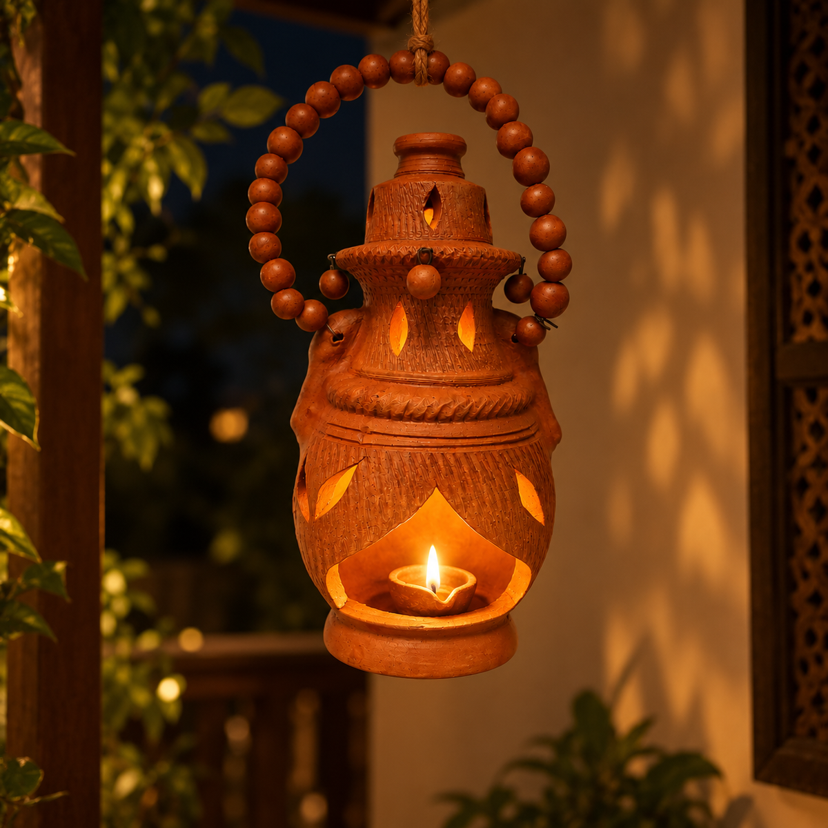 A carved Terracotta hanging lantern with a beaded handle and a lit candle inside, photographed outdoors at night with warm light casting shadows on a wall and plants in the background.