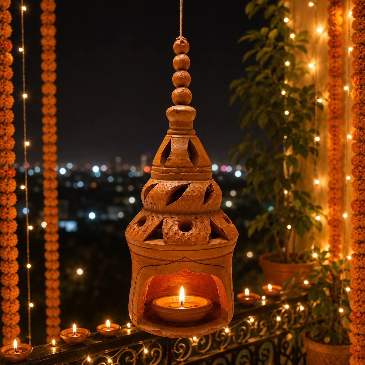 An ornate carved terracotta oil lamp (diya) hanging on a balcony at night, surrounded by glowing marigold string lights, potted plants, and a blurred city skyline in the background.