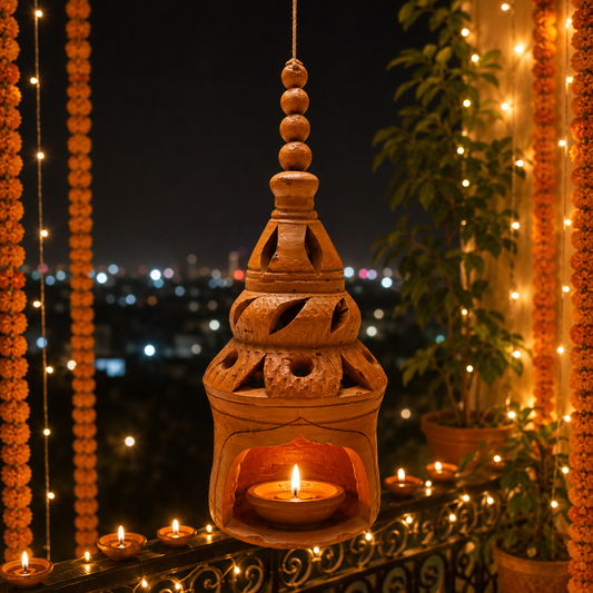 An ornate carved terracotta oil lamp (diya) hanging on a balcony at night, surrounded by glowing marigold string lights, potted plants, and a blurred city skyline in the background.